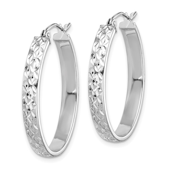Sterling Silver Rhodium-plated Diamond-cut 4mm Oval Hoop Earrings
