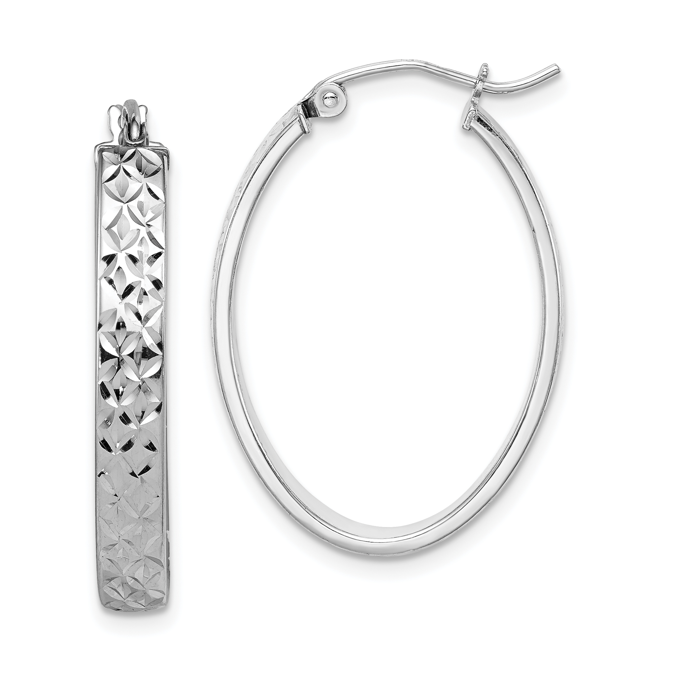 Sterling Silver Rhodium-plated Diamond-cut 4mm Oval Hoop Earrings (QE8263)