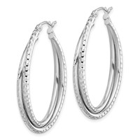 Sterling Silver Rhodium Plated Textured Double Oval Hoop Earrings view 2