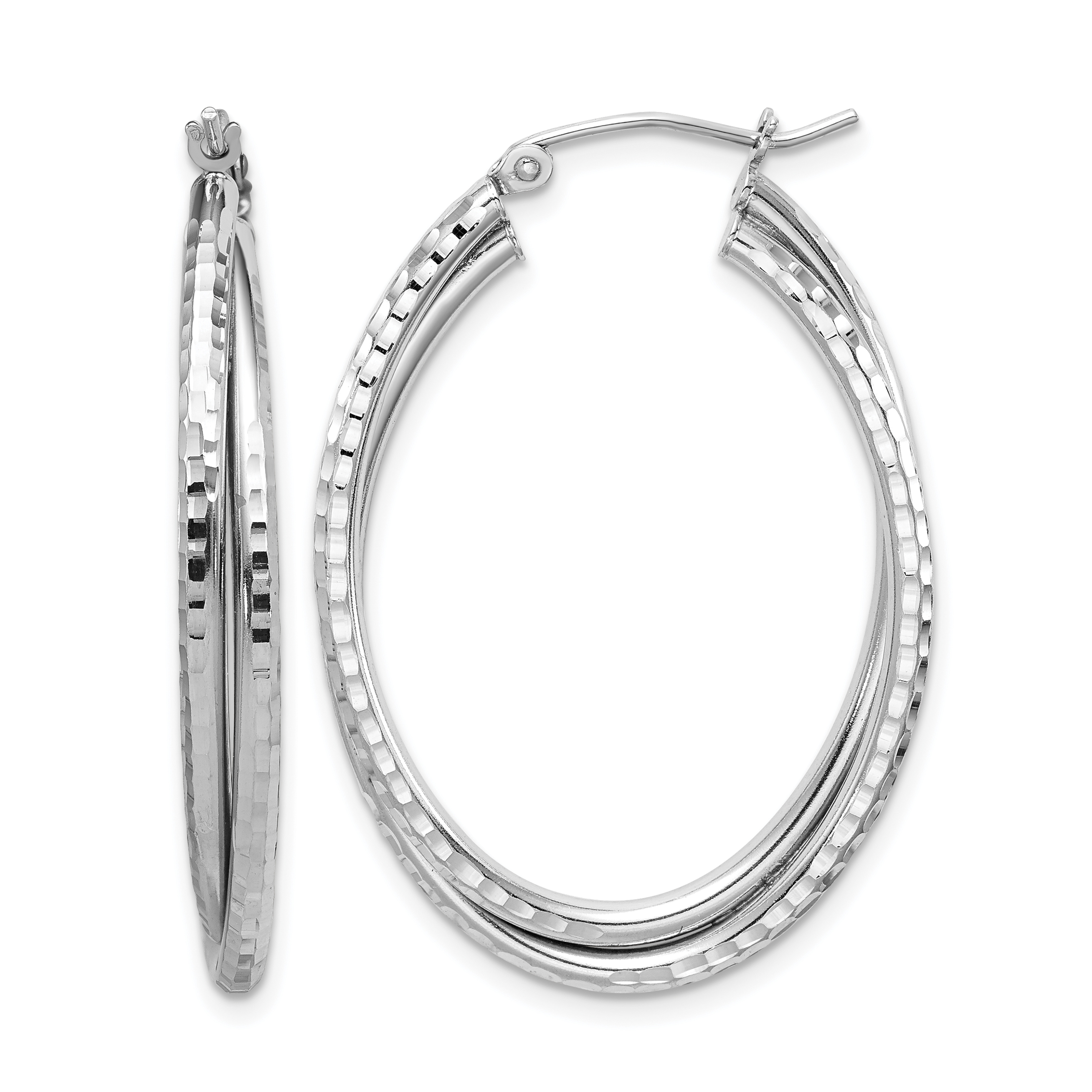 Sterling Silver Rhodium Plated Textured Double Oval Hoop Earrings (QE8266)