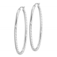 Sterling Silver Rhodium-plated Diamond-cut 2mm Oval Hoop Earrings view 2