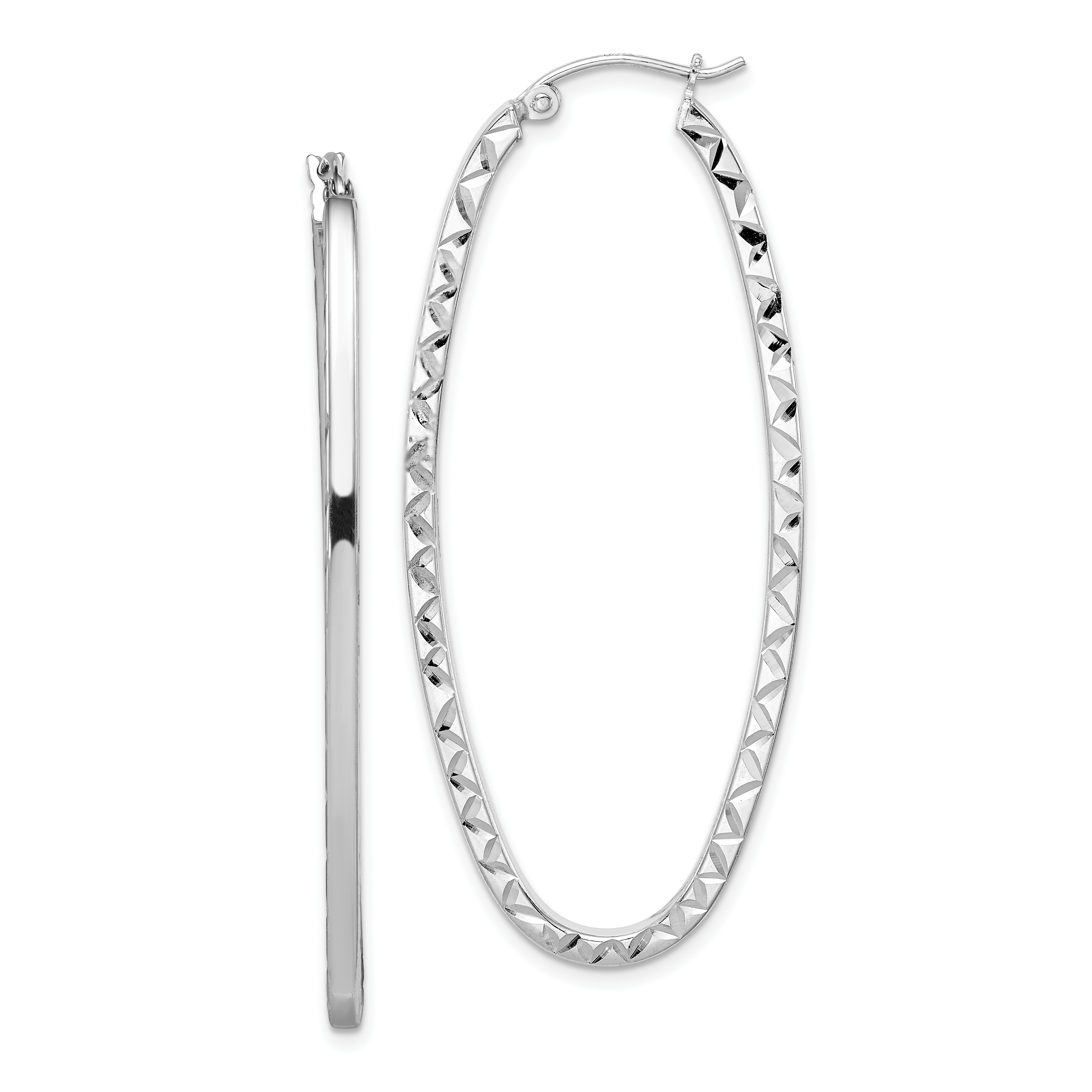 Sterling Silver Rhodium-plated Diamond-cut 2mm Oval Hoop Earrings (QE8267)