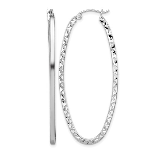 Sterling Silver Rhodium-plated Diamond-cut 2mm Oval Hoop Earrings