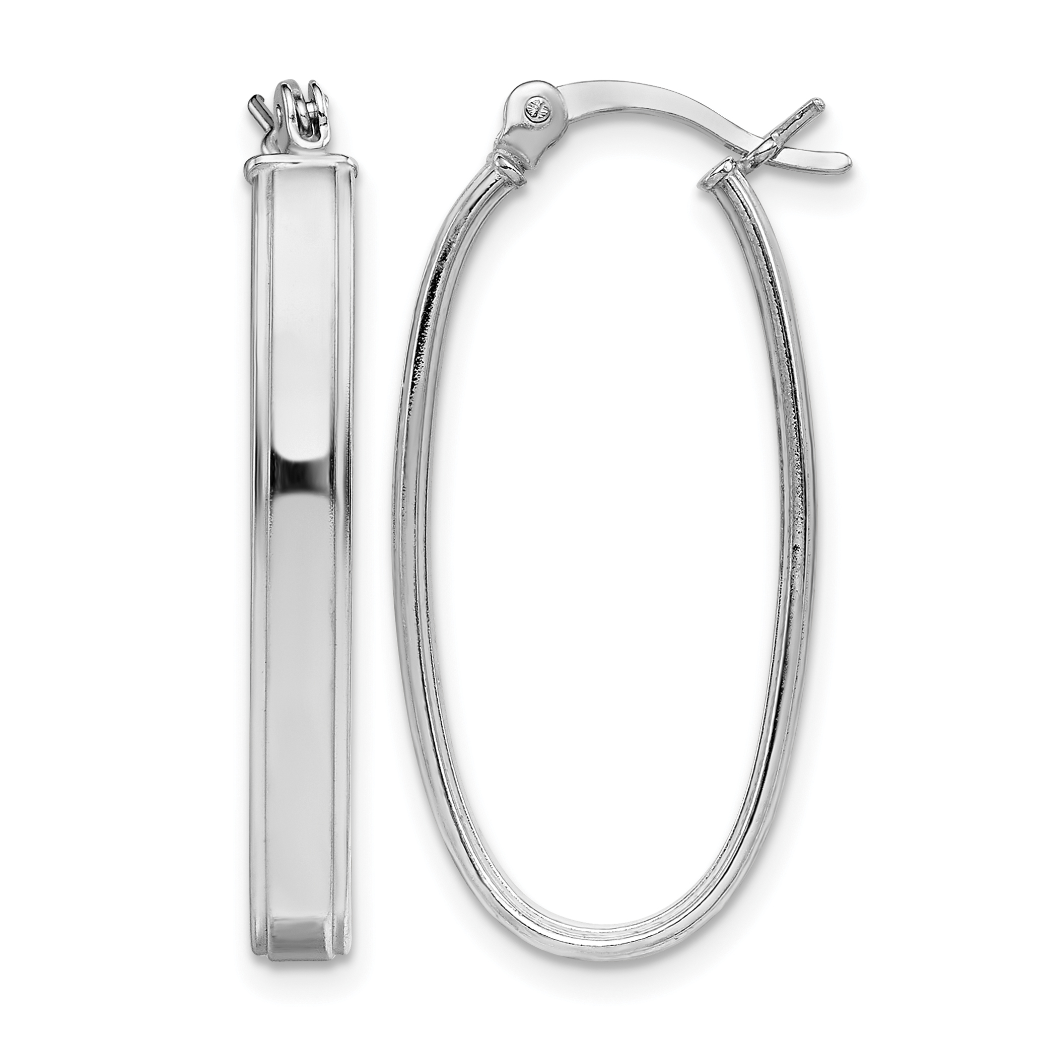 Sterling Silver Rhodium-plated Beveled Edge 4mm Oval Hoop Earrings (QE8274)