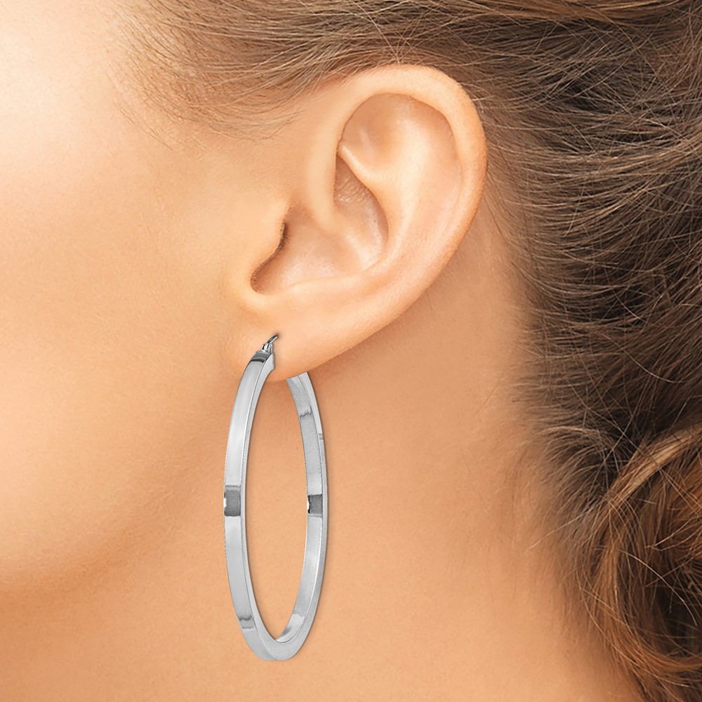 Sterling Silver Rhodium-plated 3x50mm Square Tube Hoop Earrings (QE828)