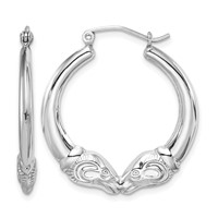 Sterling Silver Rhod-plated Textured Ram Head Round Hoop Earrings view 1
