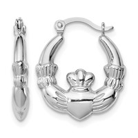 Sterling Silver Rhodium-lated Claddagh Hollow Round Hoop Earrings view 1