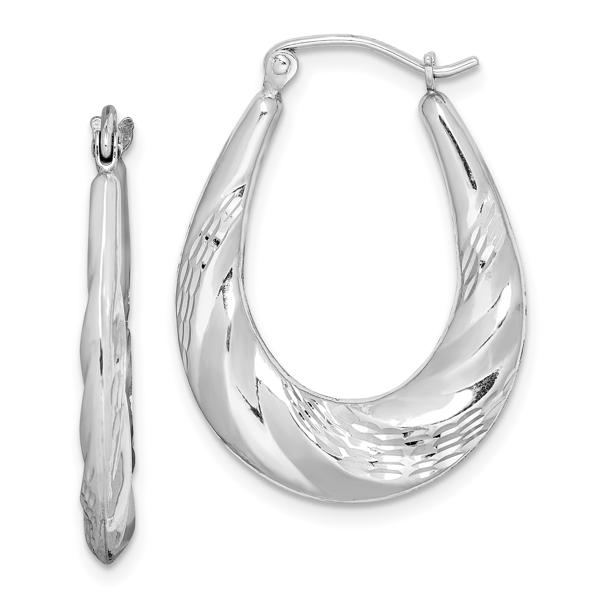 Sterling Silver Rhodium-plated D/C Scalloped Oval Hoop Earrings (QE8362)