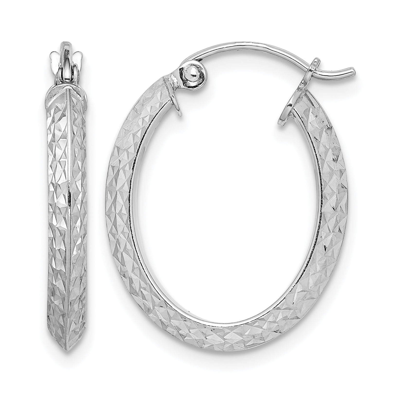 Sterling Silver Rhodium Plated Diamond Cut Oval Hoop Earrings (QE8365)