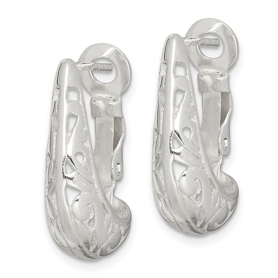 Sterling Silver Polished & Filigree Omega Back J-Hoop Earrings