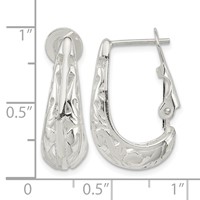Sterling Silver Polished & Filigree Omega Back J-Hoop Earrings view 4