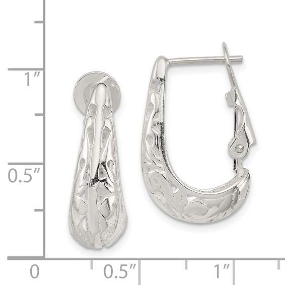 Sterling Silver Polished & Filigree Omega Back J-Hoop Earrings