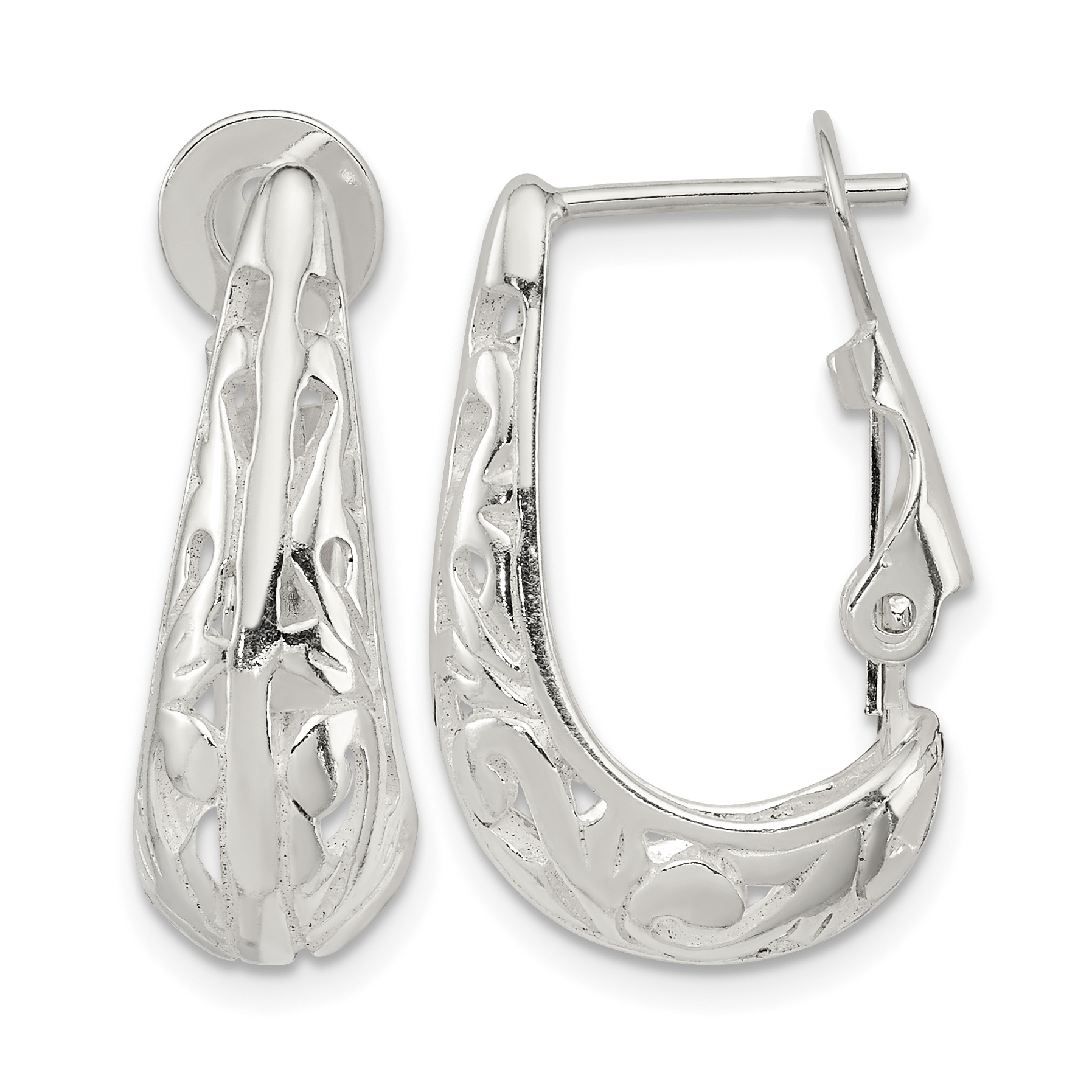 Sterling Silver Polished & Filigree Omega Back J-Hoop Earrings (QE8369)