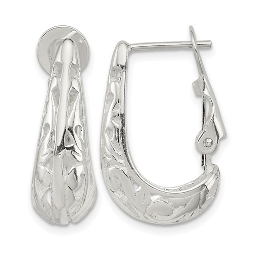 Sterling Silver Polished & Filigree Omega Back J-Hoop Earrings