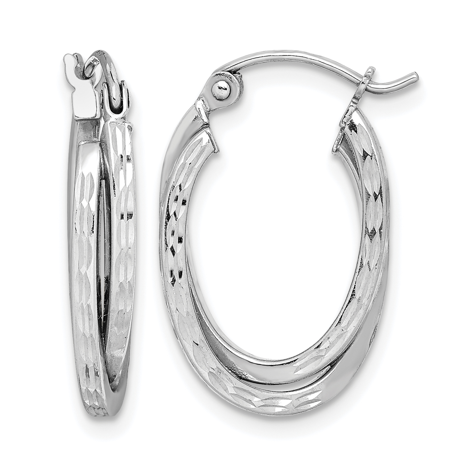 Sterling Silver Rhodium Plated Textured Double Oval Hoop Earrings (QE8370)