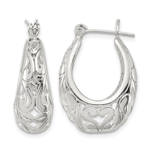 Sterling Silver Polished Filigree Oval Hoop Earrings