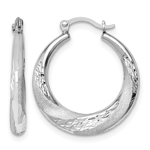 Sterling Silver RH-plated Brushed & D C Scalloped Round Hoop Earrings