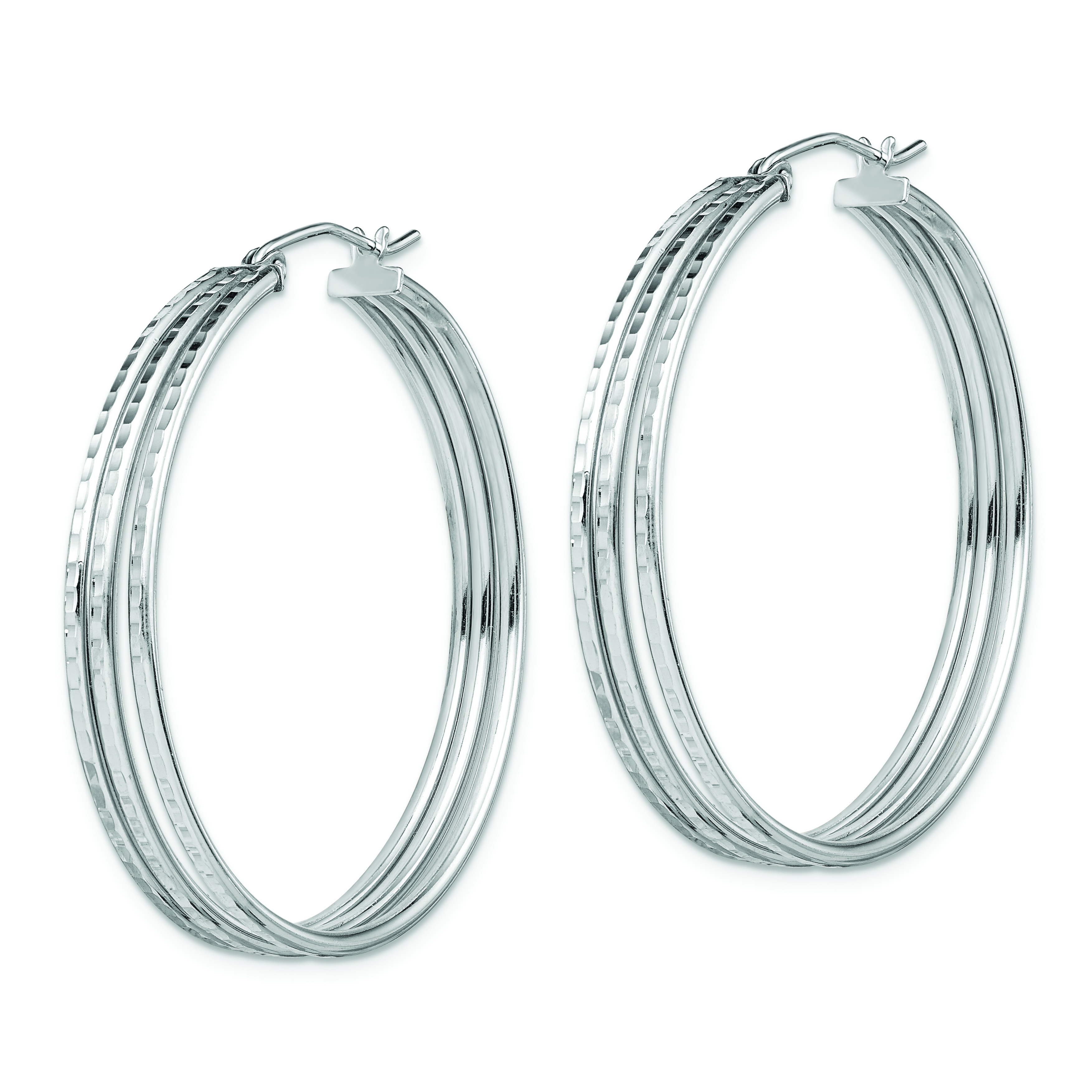 Silver Rhodium Plated Textured Fancy Hoop Earrings QE8404 - Picture 2 of 4