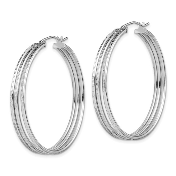 Sterling Silver Rhodium Plated Textured Fancy Hoop Earrings