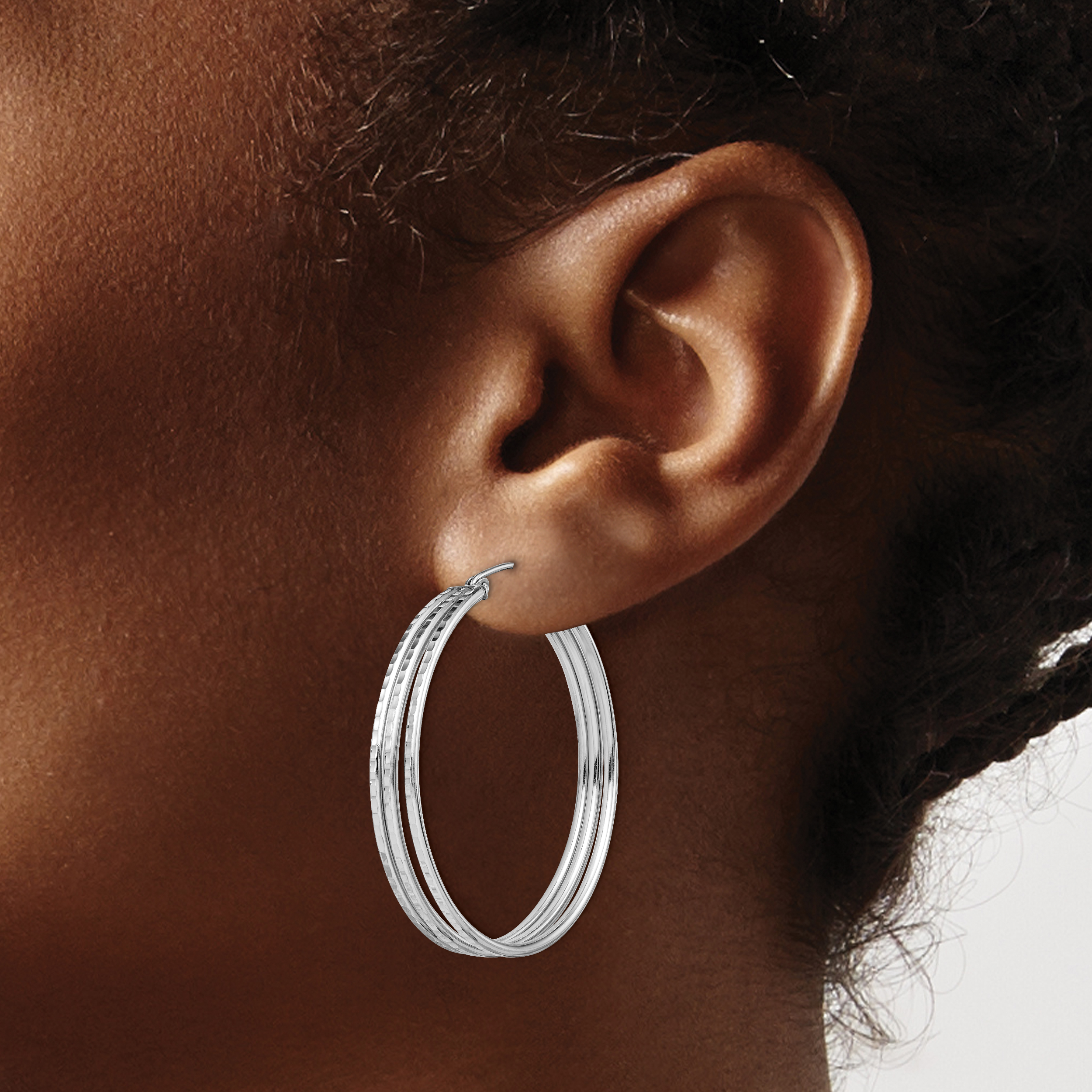 Silver Rhodium Plated Textured Fancy Hoop Earrings QE8404 - Picture 3 of 4