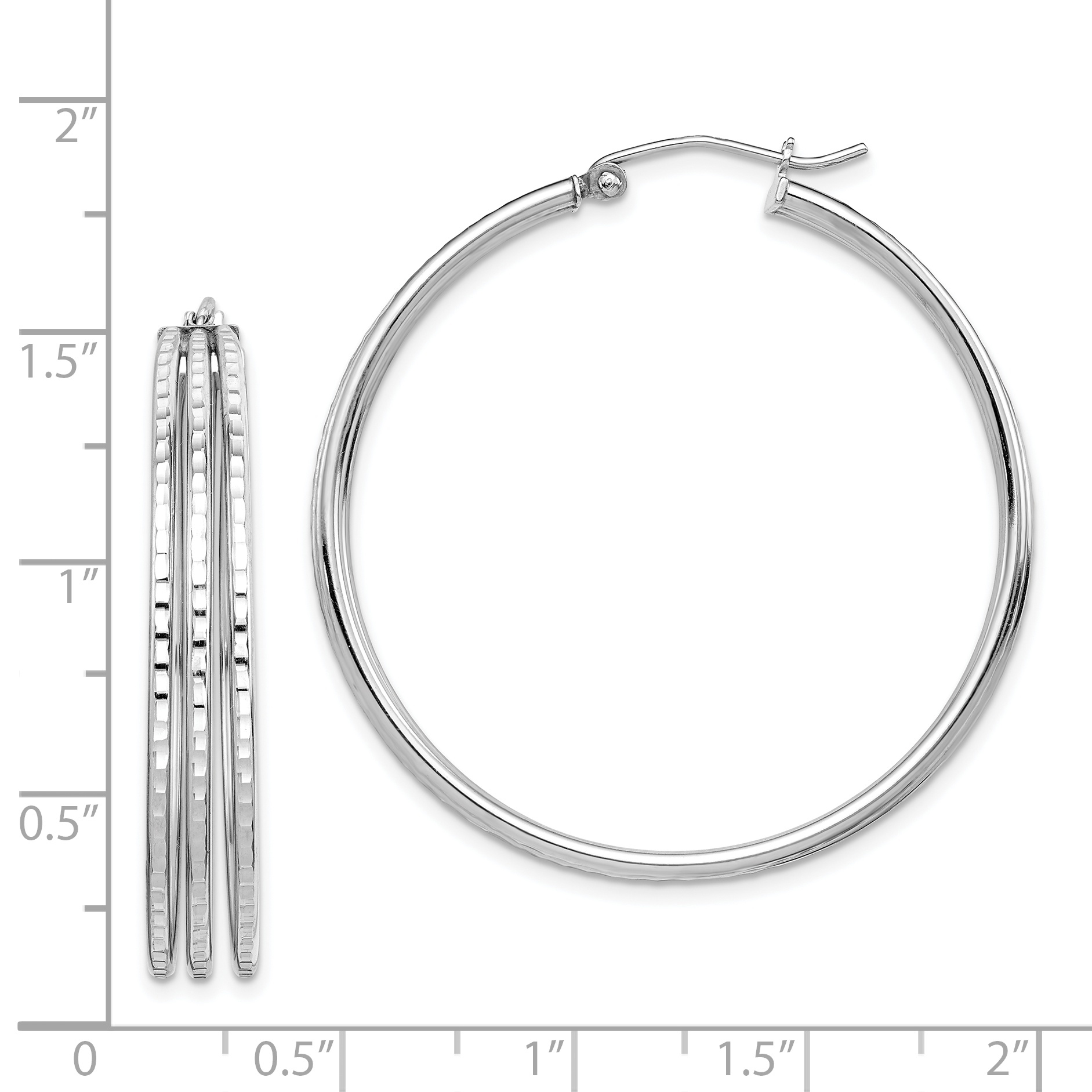 Silver Rhodium Plated Textured Fancy Hoop Earrings QE8404 - Picture 4 of 4