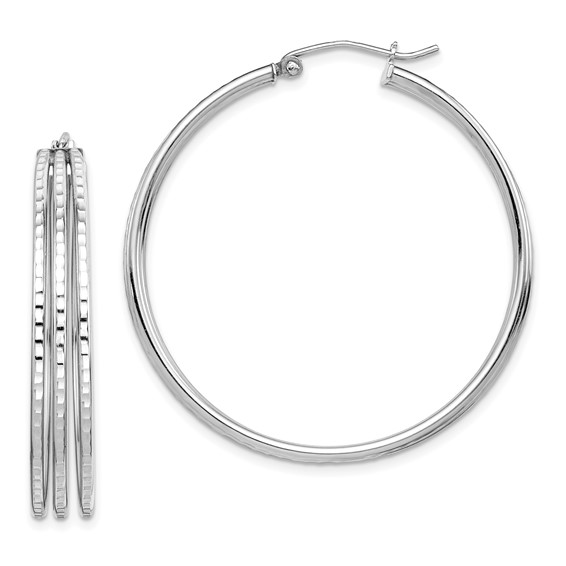 Sterling Silver Rhodium Plated Textured Fancy Hoop Earrings