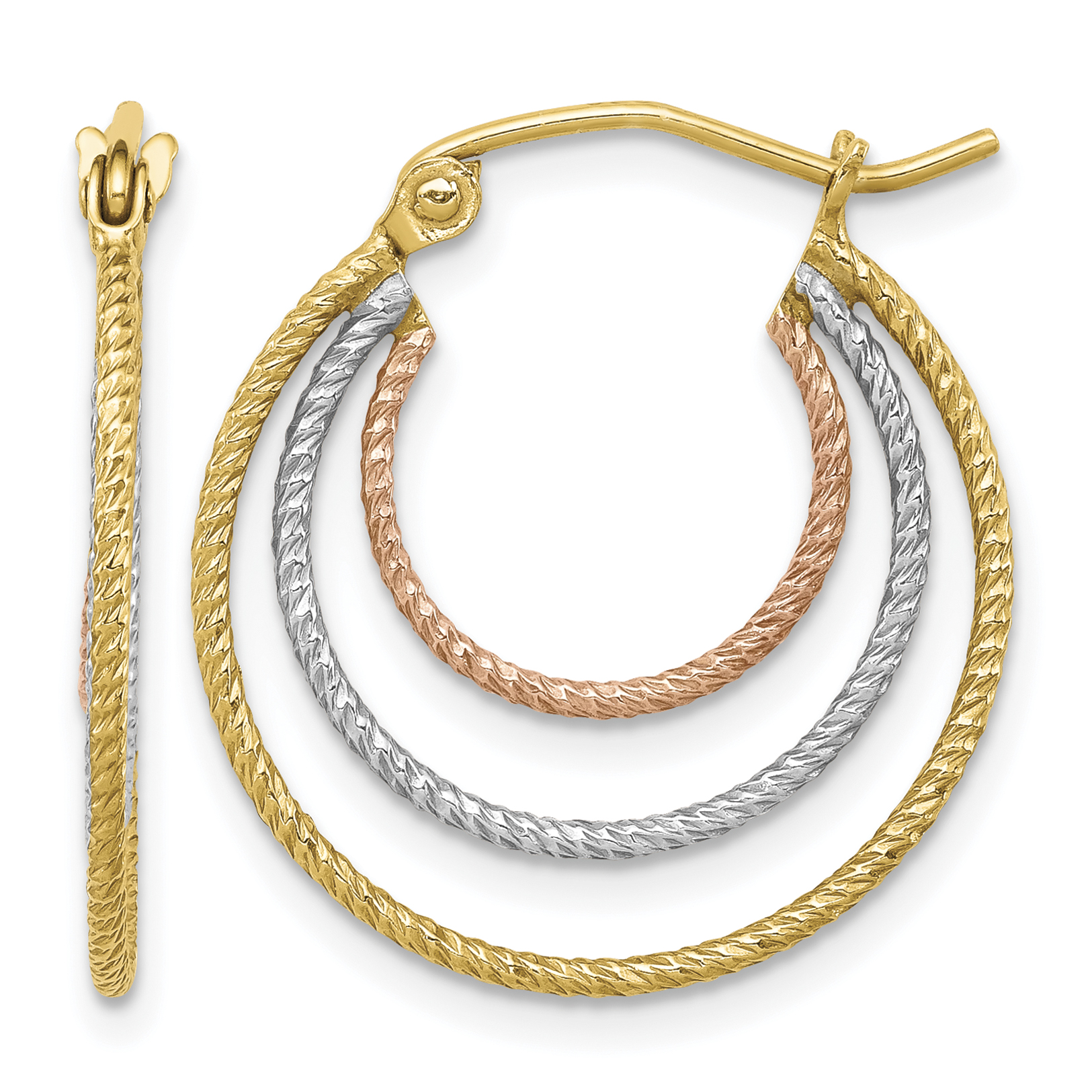 Sterling Silver Rhod-plated Yellow/Rose Vermeil 1.5mm Triple Hoop Earrings (QE8438)