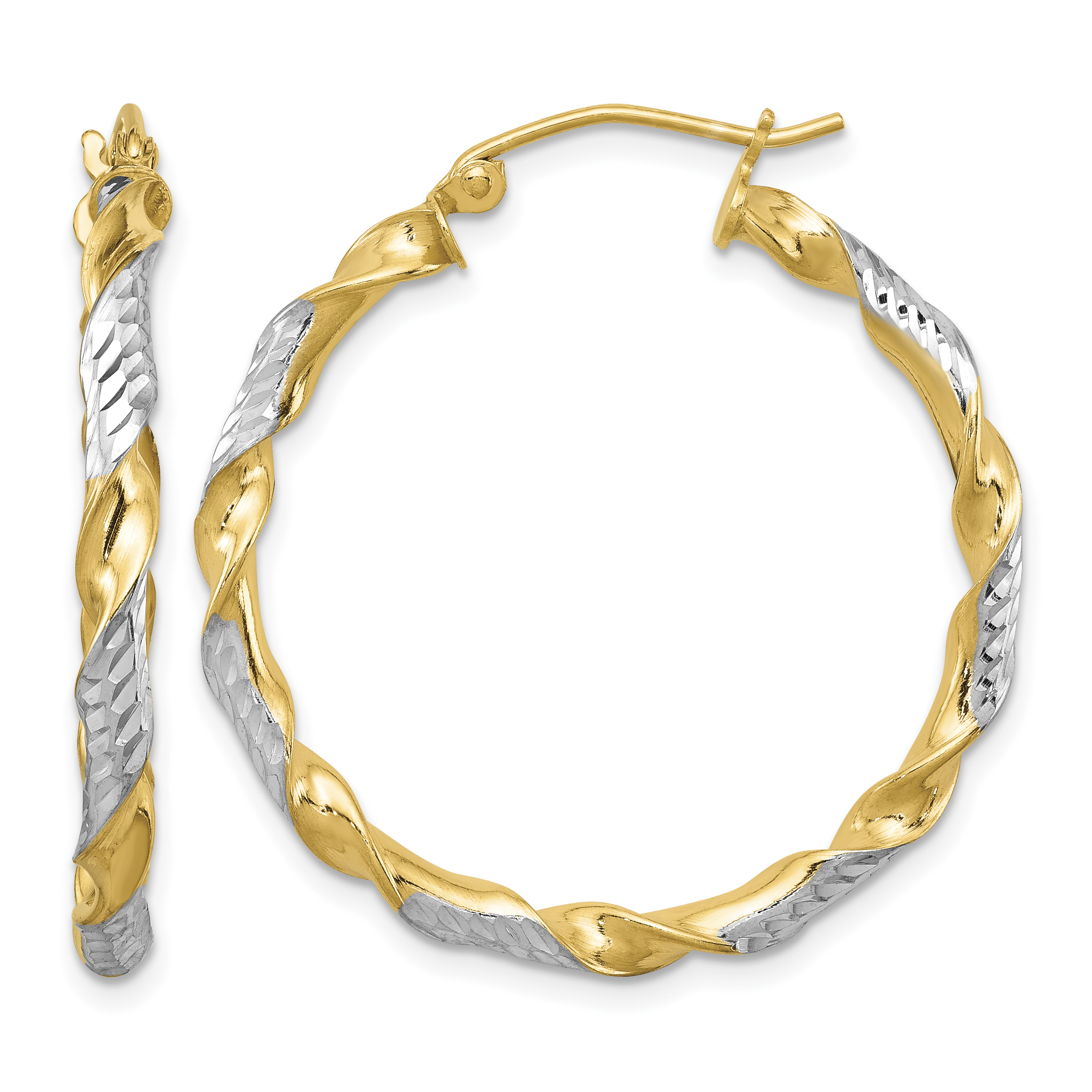 Sterling Silver RH-plated Vermeil Diamond-cut 3x30mm Twisted Hoop Earrings (QE8446)