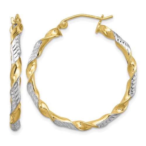 Sterling Silver RH-plated Vermeil Diamond-cut 3x 30mm Twisted Hoop Earrings