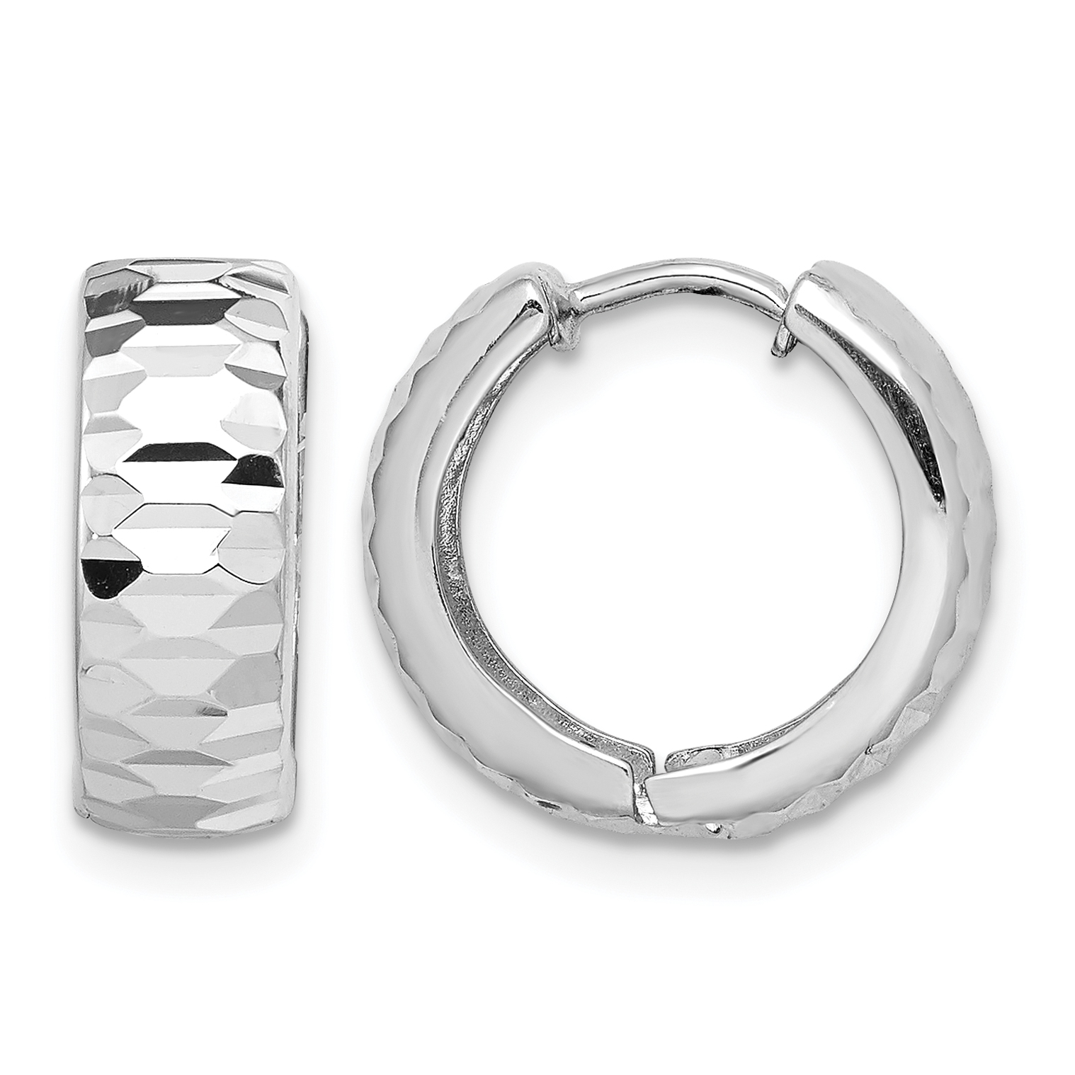 Sterling Silver Rhodium Polished Textured Hinged Hoop Earrings (QE8506)