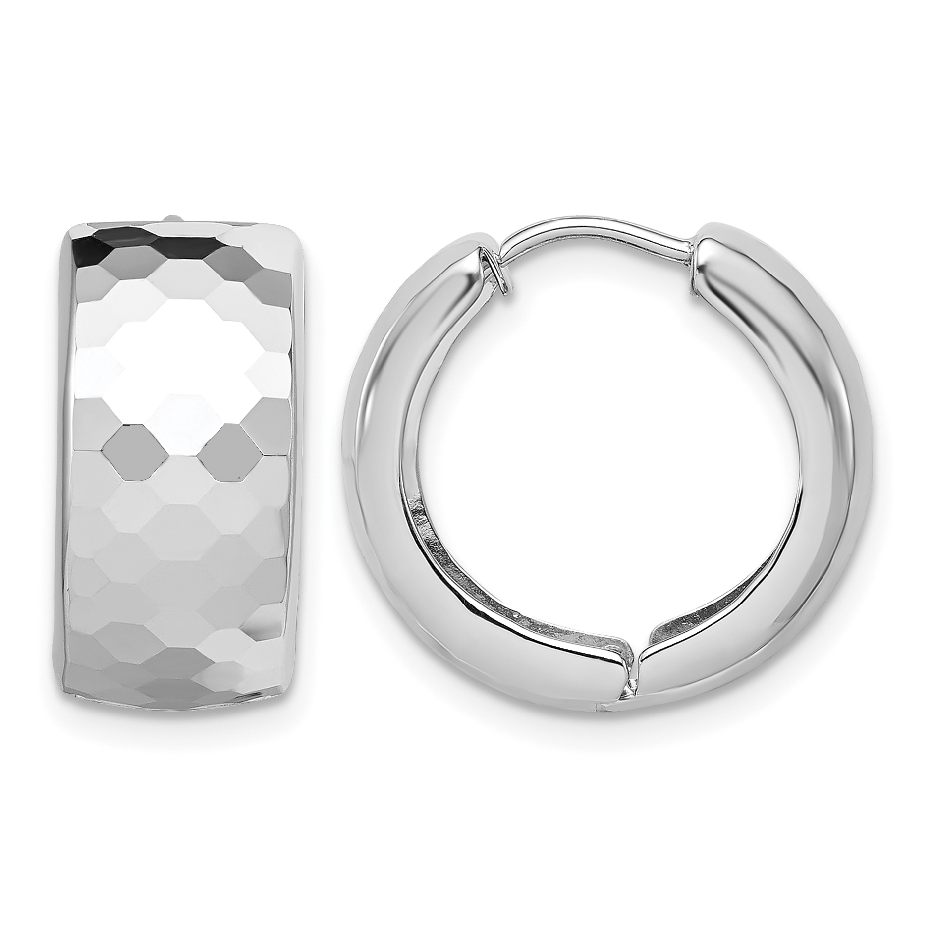 Sterling Silver Rhodium Polished Patterned Hinged Hoop Earrings (QE8507)