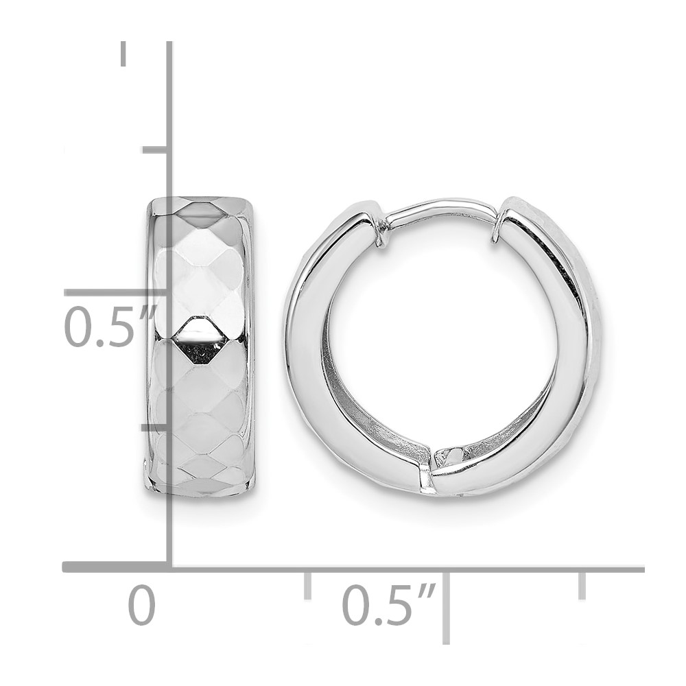 Sterling Silver Rhodium Polished Patterned Hinged Hoop Earrings (QE8509)