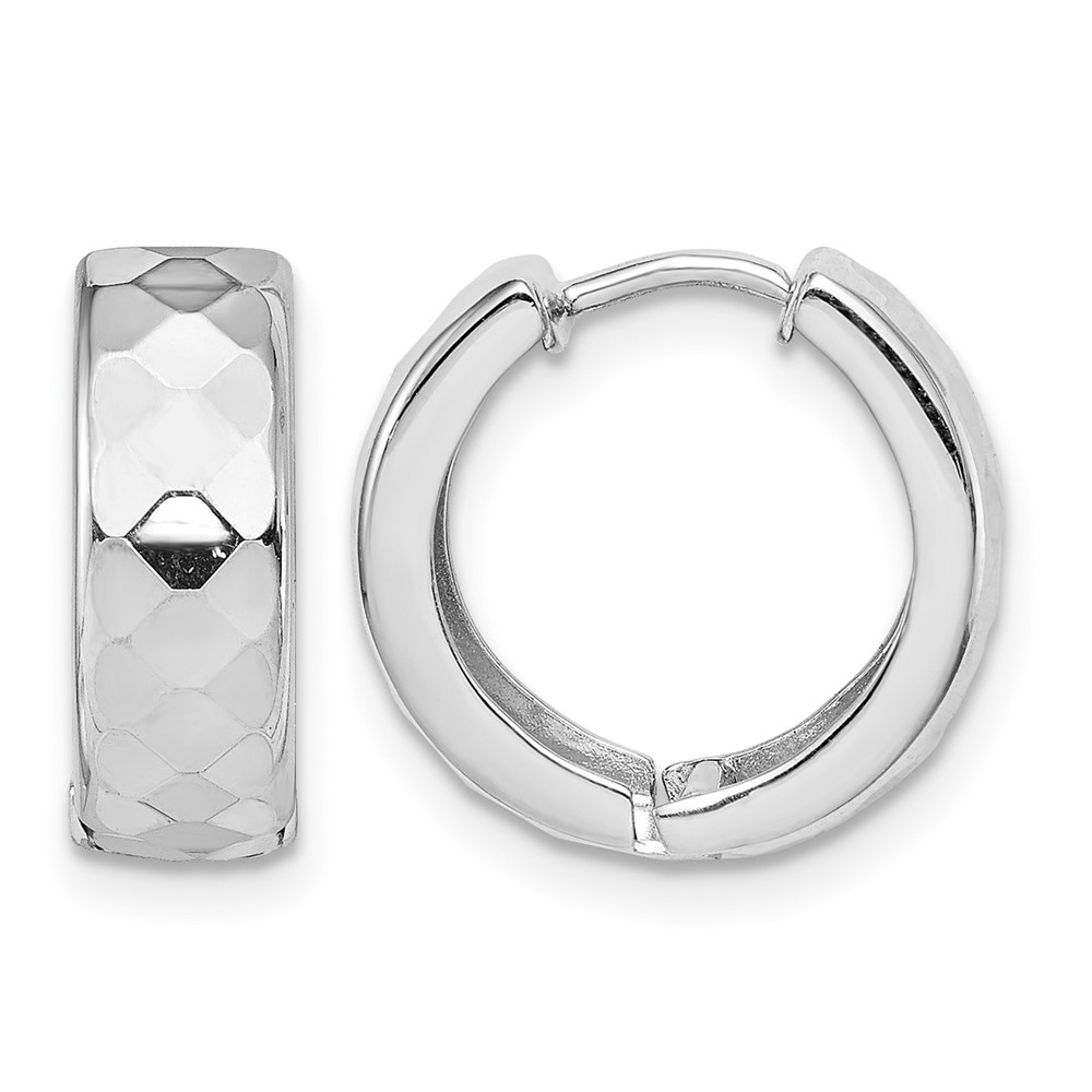 Sterling Silver Rhodium Polished Patterned Hinged Hoop Earrings (QE8509)