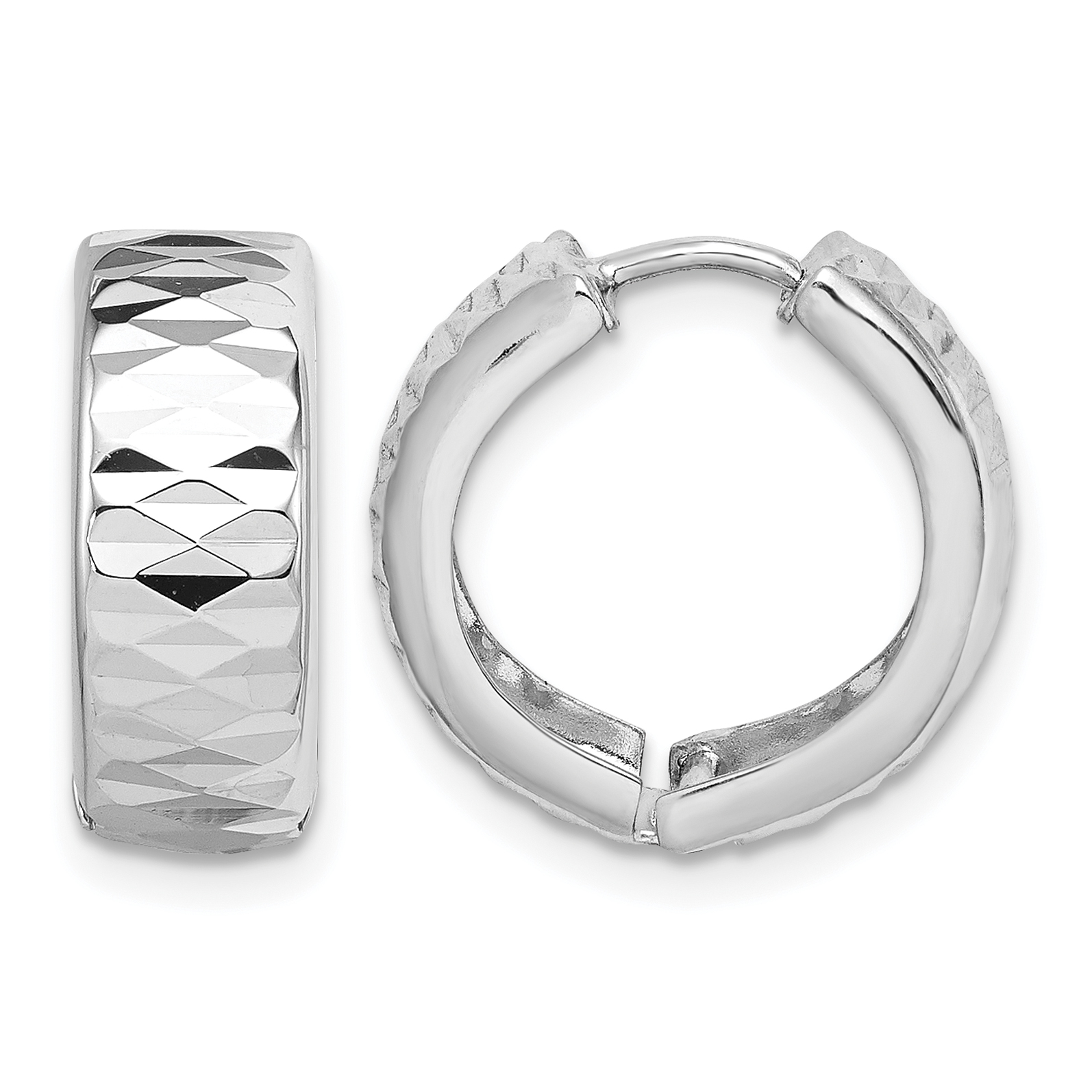 Sterling Silver Rhodium Diamond Cut Polished Hinged Hoop Earrings (QE8514)