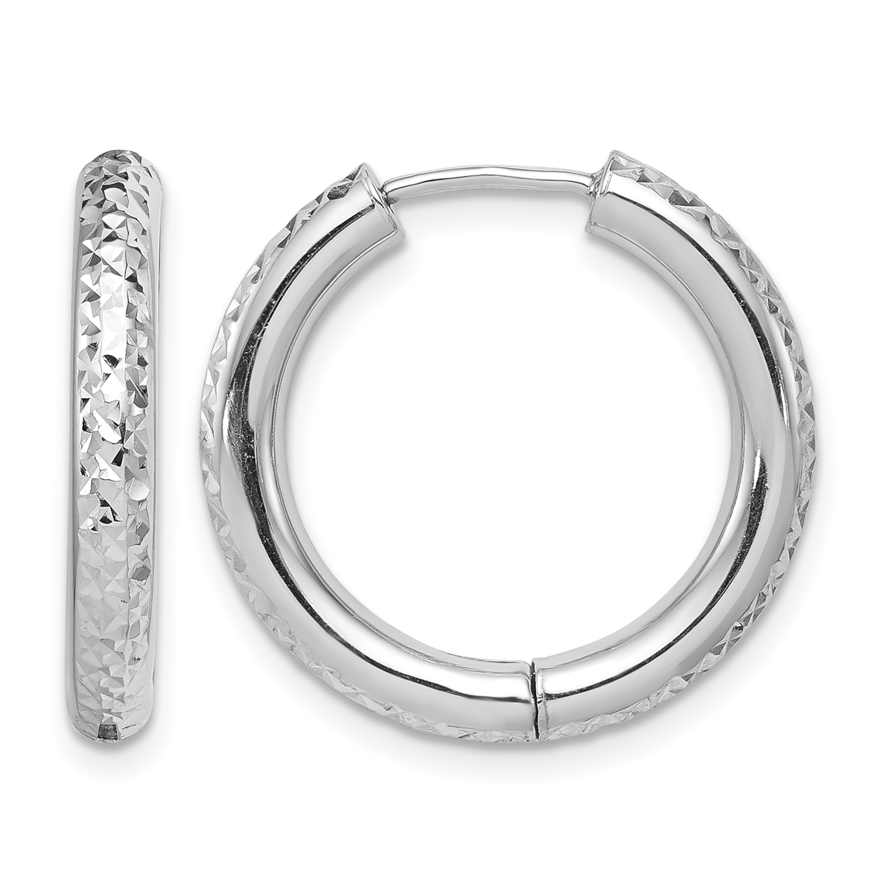 Sterling Silver Rhodium Polished Diamond Cut Hinged Hoop Earrings (QE8516)