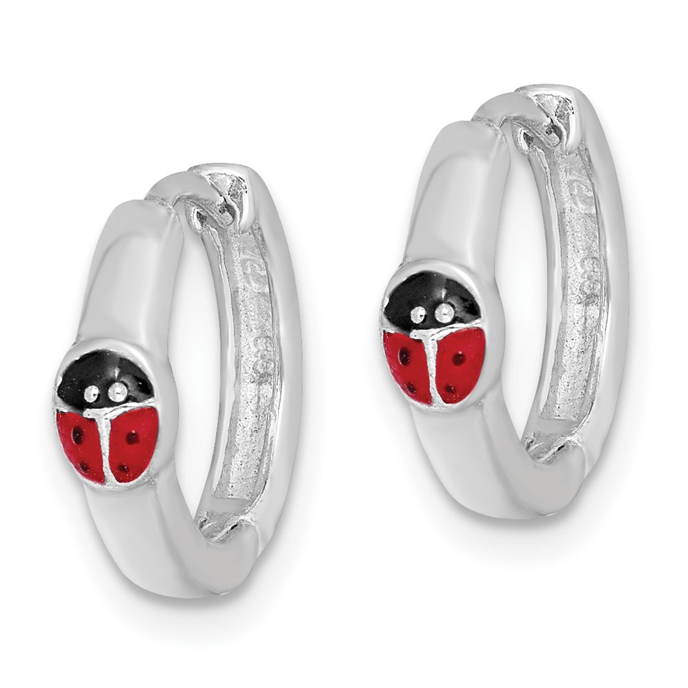 Sterling Silver RH-plated Enameled Ladybug Hinged Hoop Earrings (QE8526)