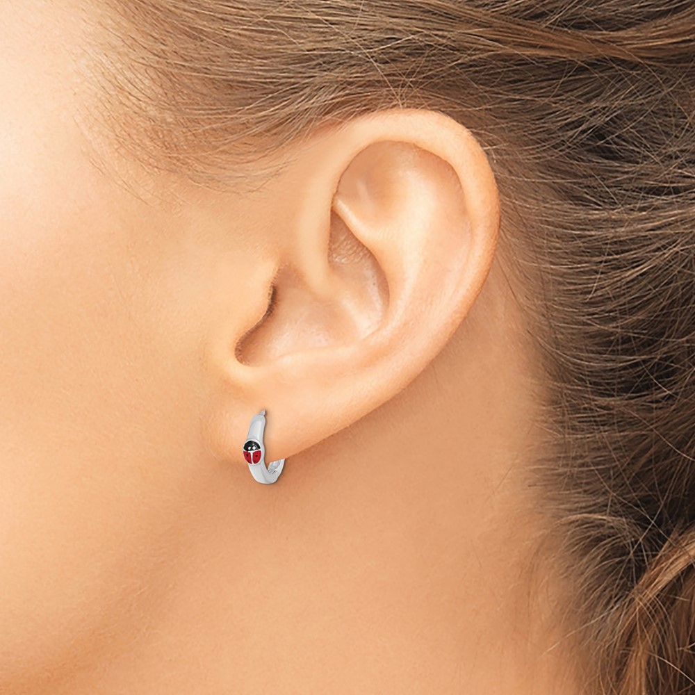 Sterling Silver RH-plated Enameled Ladybug Hinged Hoop Earrings (QE8526)