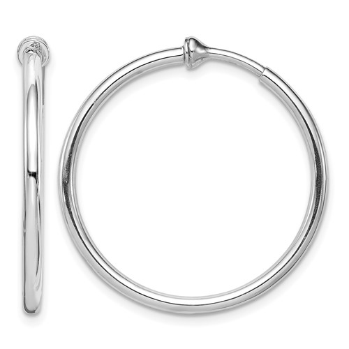 Sterling Silver RH-plated 2x 28mm Non-Pierced Round Hoop Earrings