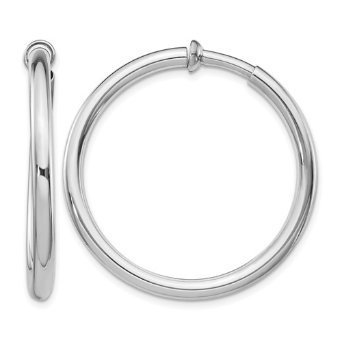Sterling Silver RH-plated 3x 37mm Non-Pierced Round Hoop Earrings