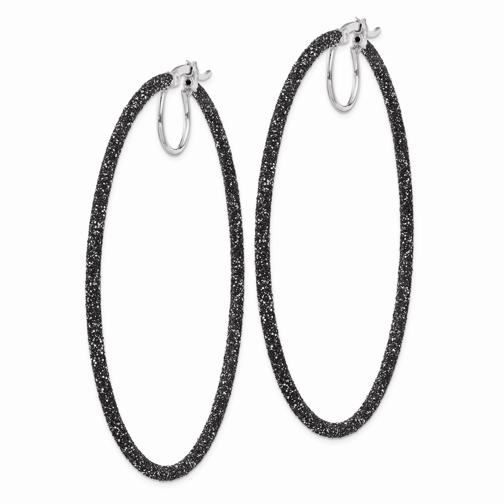 Sterling Silver Rhodium-plated Black Glitter Enamel 2x55mm Hoop Earrings (QE8568)