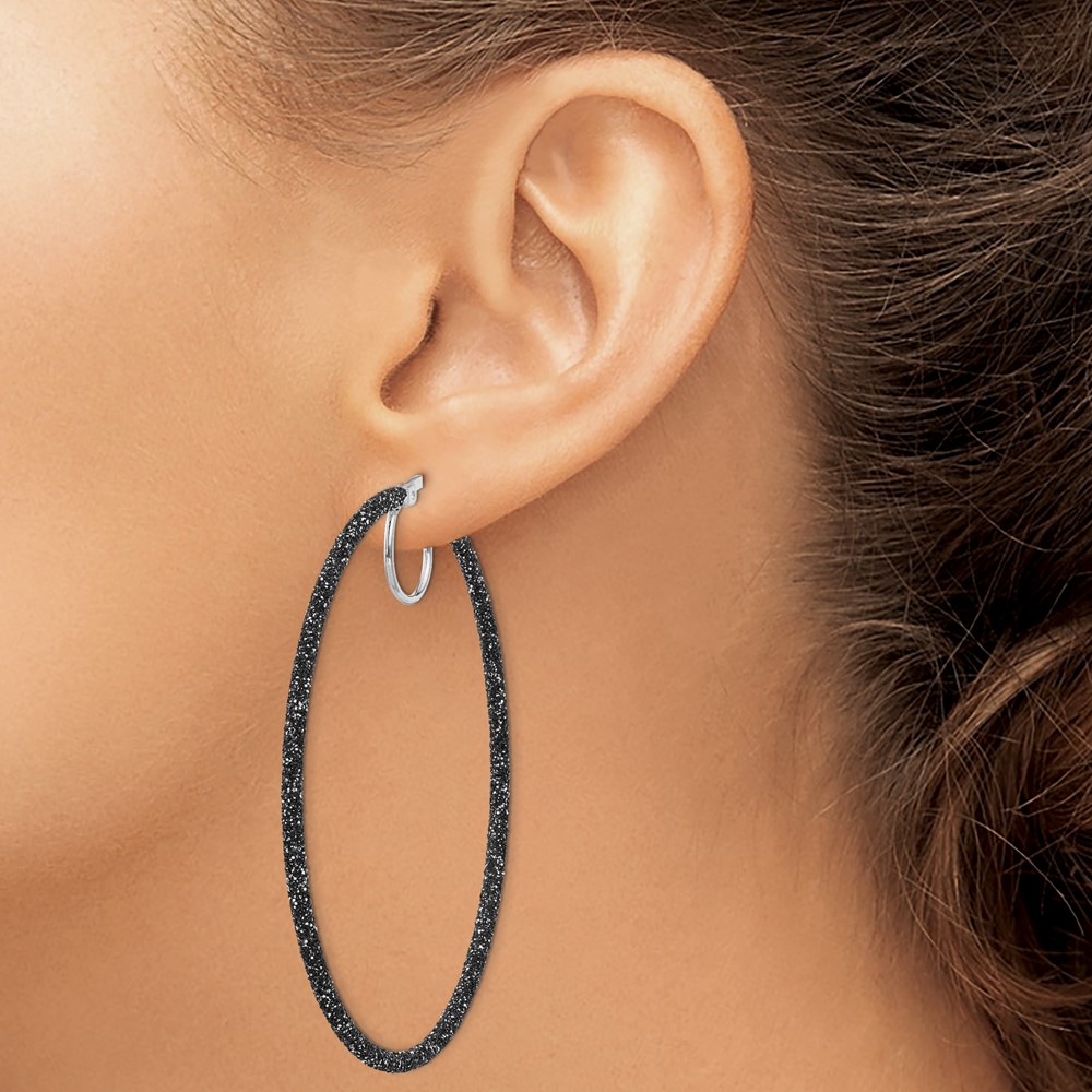 Sterling Silver Rhodium-plated Black Glitter Enamel 2x55mm Hoop Earrings (QE8568)