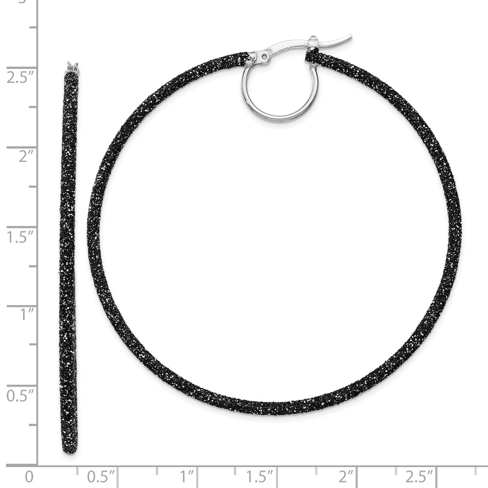 Sterling Silver Rhodium-plated Black Glitter Enamel 2x55mm Hoop Earrings (QE8568)