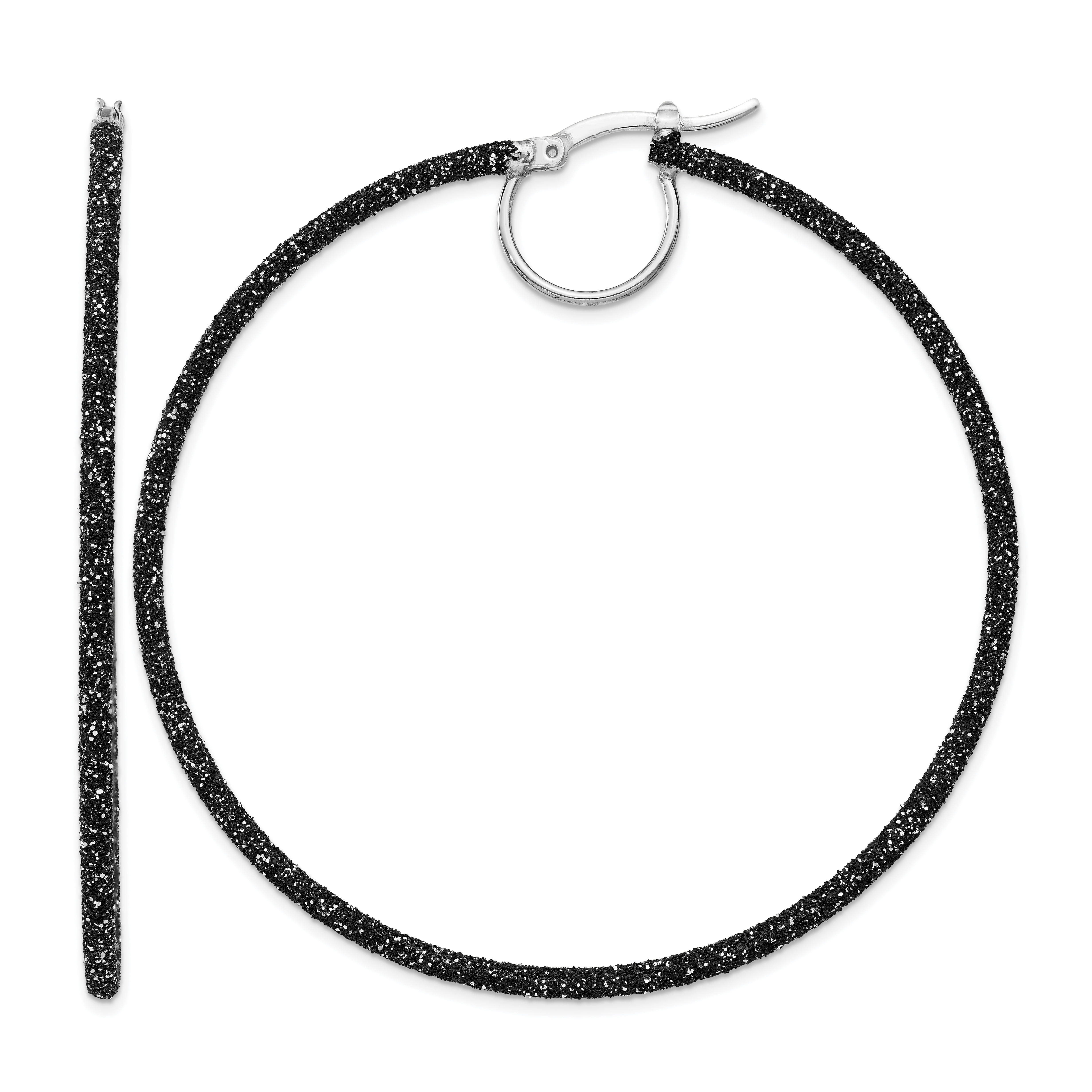 Sterling Silver Rhodium-plated Black Glitter Enamel 2x55mm Hoop Earrings (QE8568)