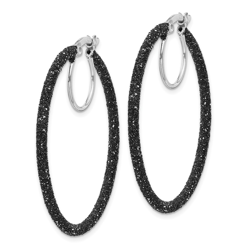 Sterling Silver Rhodium-plated Black Glitter Enamel 2x35mm Hoop Earrings (QE8570)