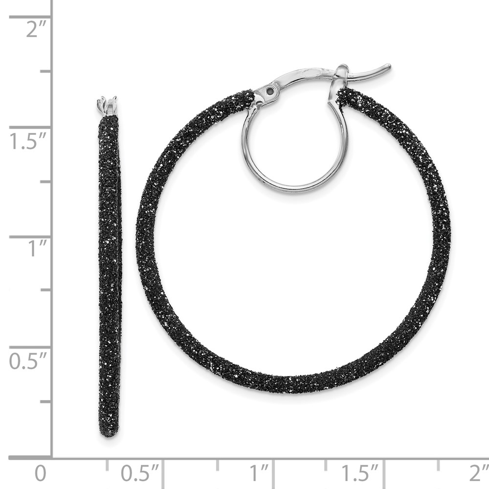 Sterling Silver Rhodium-plated Black Glitter Enamel 2x35mm Hoop Earrings (QE8570)