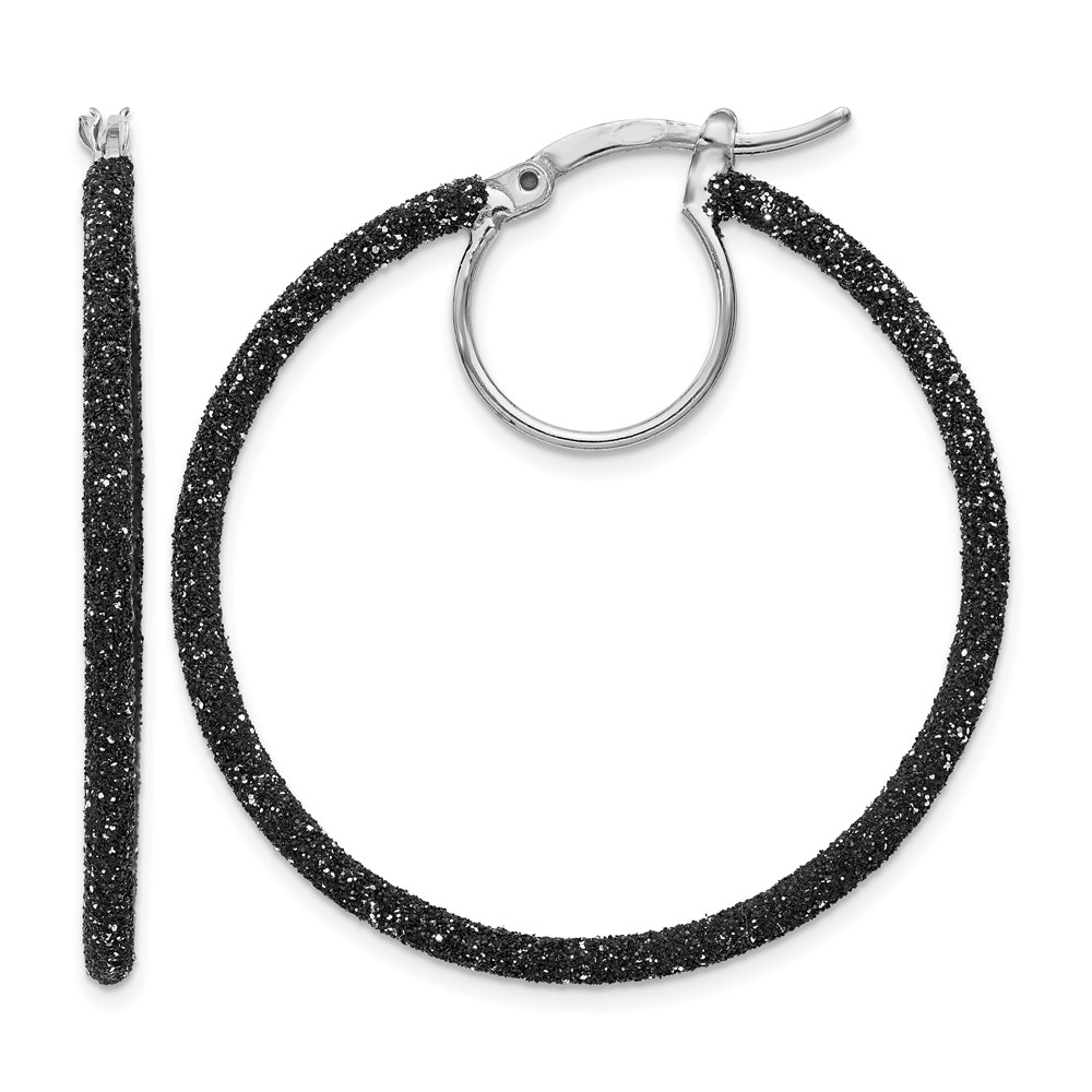 Sterling Silver Rhodium-plated Black Glitter Enamel 2x35mm Hoop Earrings (QE8570)