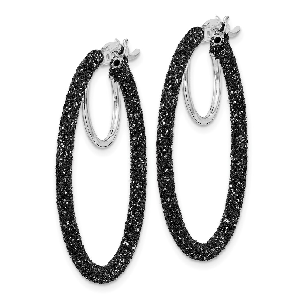Sterling Silver Rhodium-plated Black Glitter Enamel 2x30mm Hoop Earrings (QE8571)
