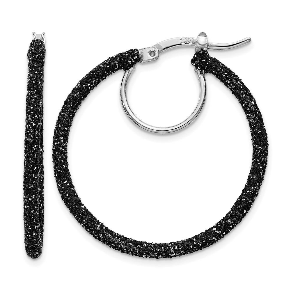 Sterling Silver Rhodium-plated Black Glitter Enamel 2x30mm Hoop Earrings (QE8571)
