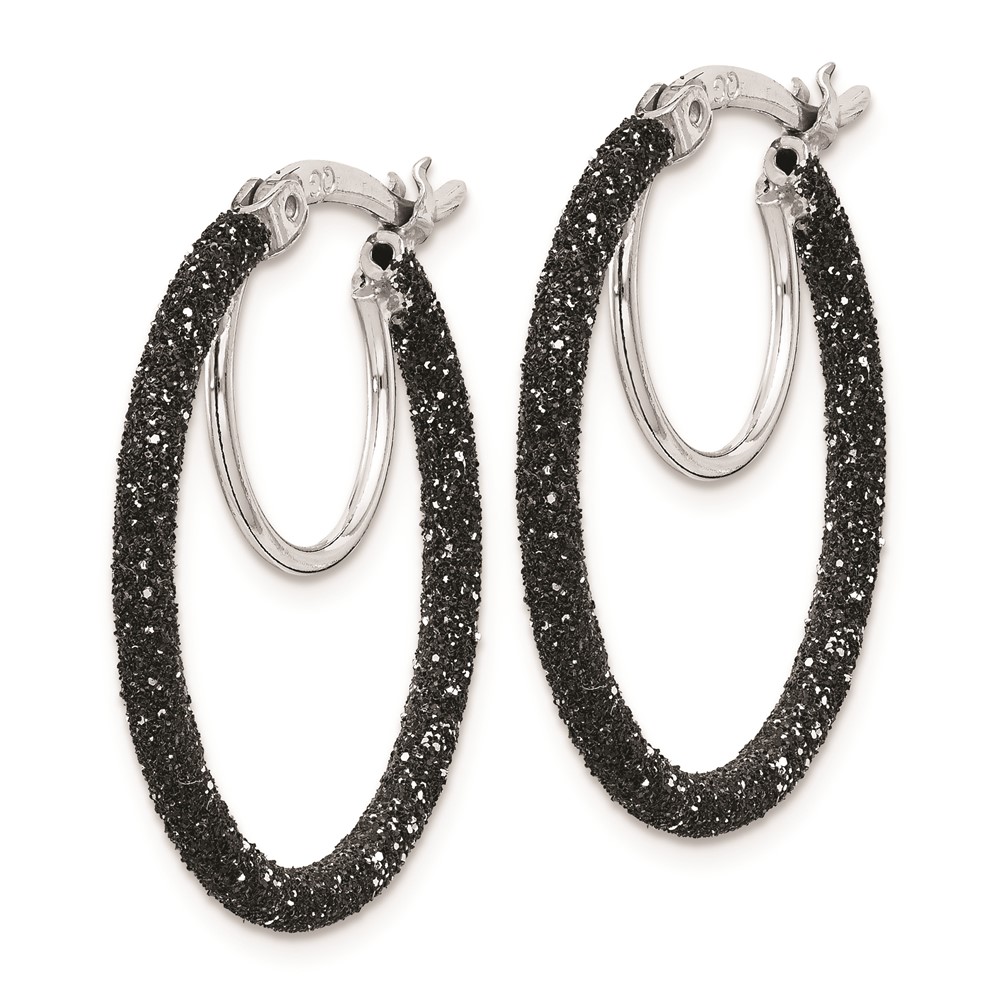 Sterling Silver Rhodium-plated Black Glitter Enamel 2x25mm Hoop Earrings (QE8572)
