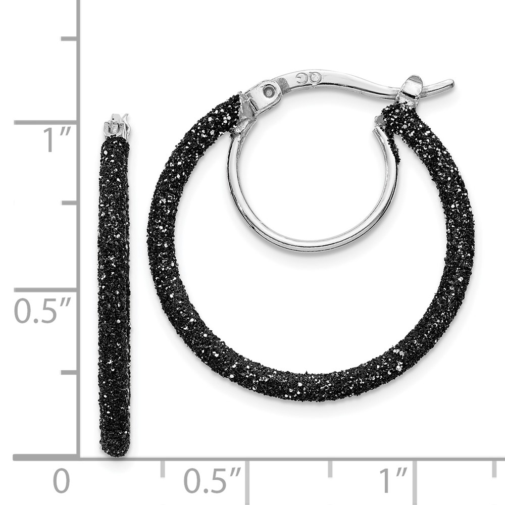 Sterling Silver Rhodium-plated Black Glitter Enamel 2x25mm Hoop Earrings (QE8572)